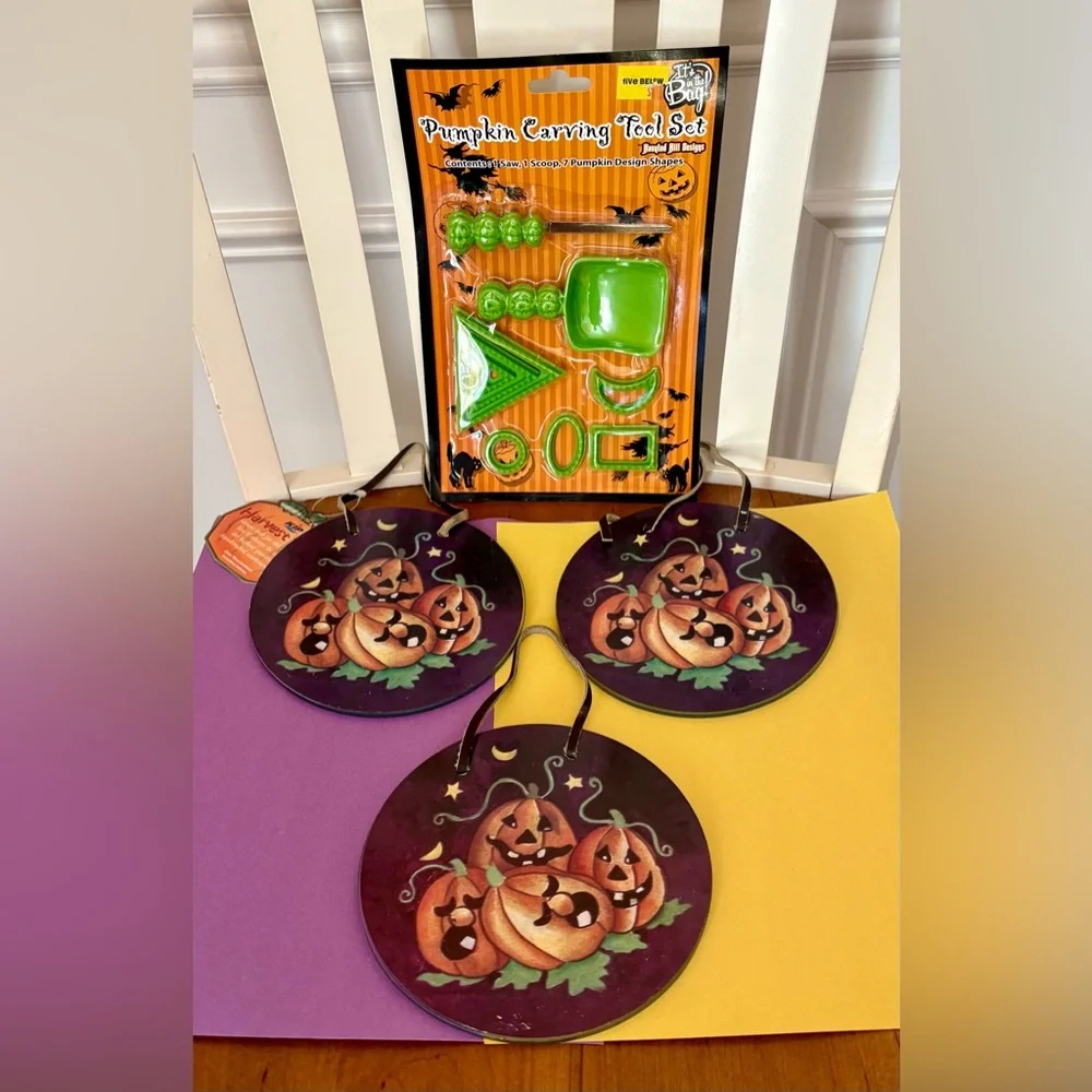 Halloween Fall Glass backed Hanging Decor NWT & Pumpkin Carving Tools NWOT